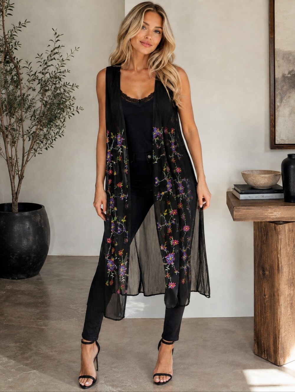 VTG Lolette Black Floral Embroidered Sheer Duster Vest